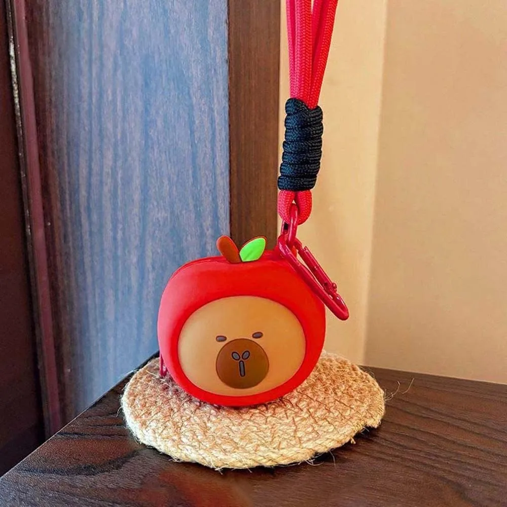 Custodia portatile per capibara di verdure Borsa portaoggetti impermeabile con corda sospesa per cartoni animati Portachiavi Portamonete rotondo creativo in silicone per bambini