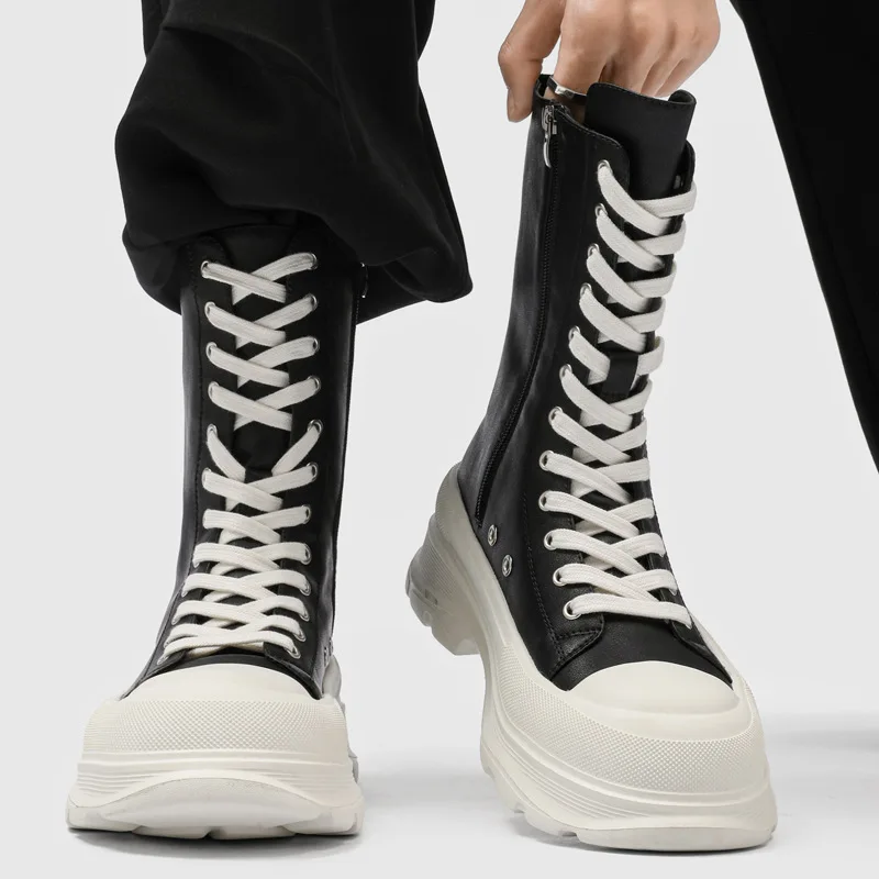 men fashion punk cosplay high motorcycle boots lace-up designer shoes cowboy original leather boot long platform knight botas view 2