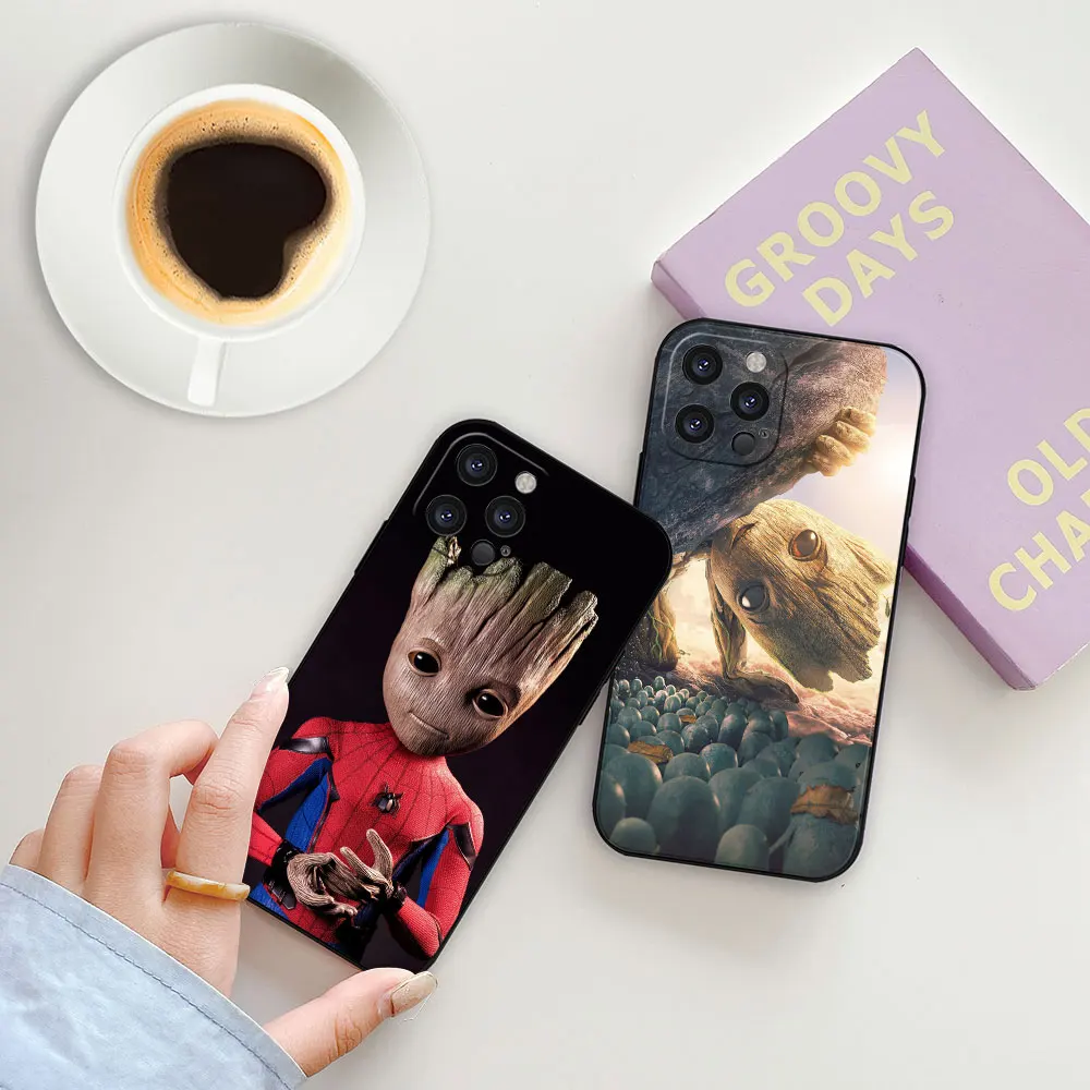 Marvel Cute Iam Groot Funda For Apple iPhone 15 14 ProMax 13 12 Mini 11 Pro 7 8 Plus XS Max XR X SE Phone Case Black Soft Cover