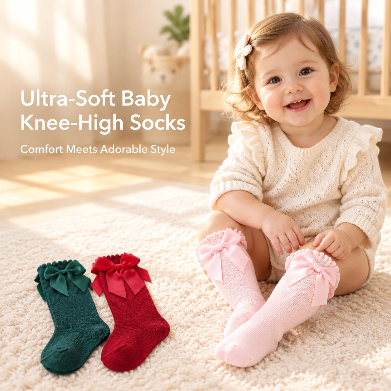 3 Pairs Infant Baby Girl Knee High Socks Satin Bow Ruffled Cuff Seamless Toe Soft Knit Toddler Long Gift Socks Set