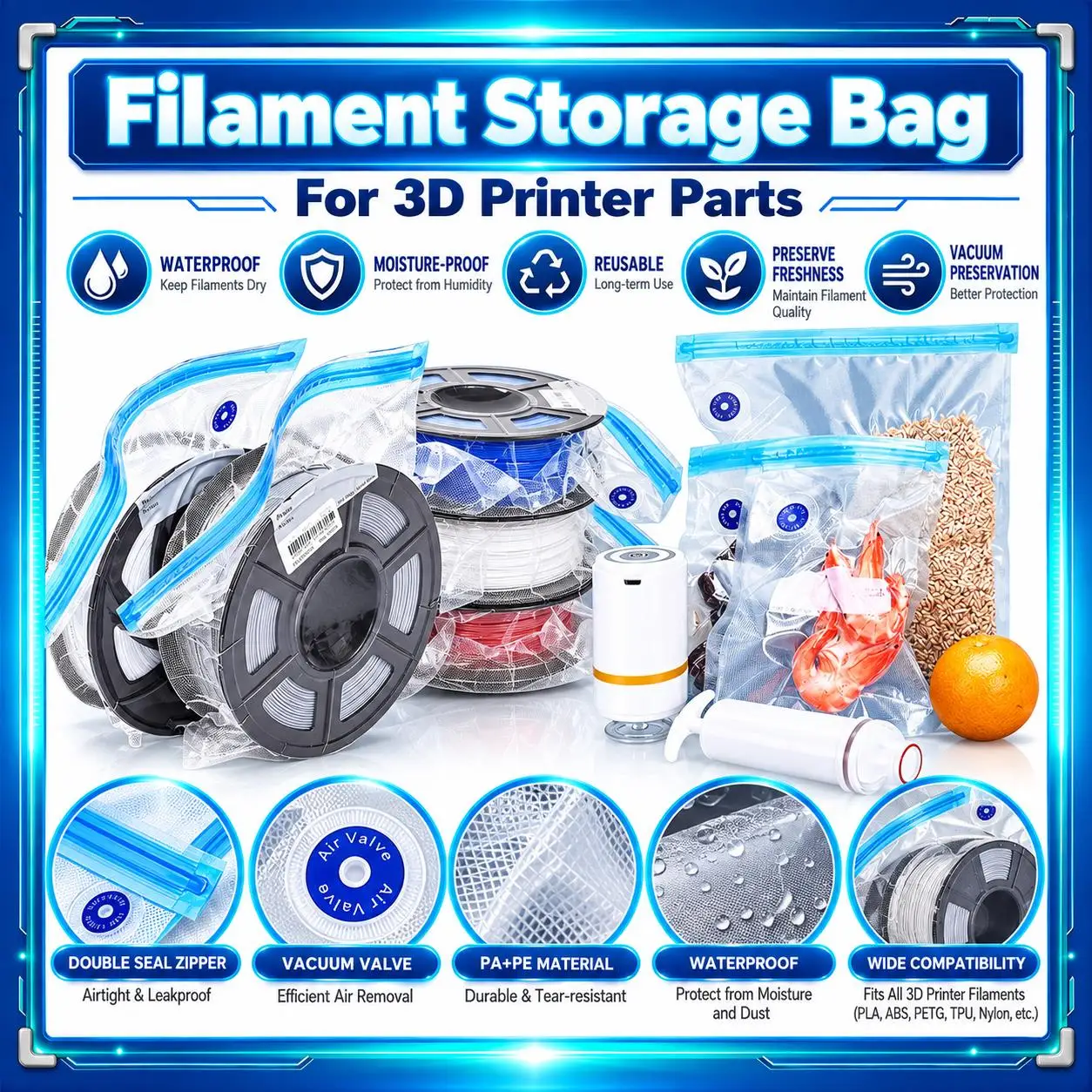 Moisture Resistant Vacuum Sealing Storage Bag for 3D Printer Filament, Dry Safekeeping Bag Keep PLA ABS PETG Filament Dry