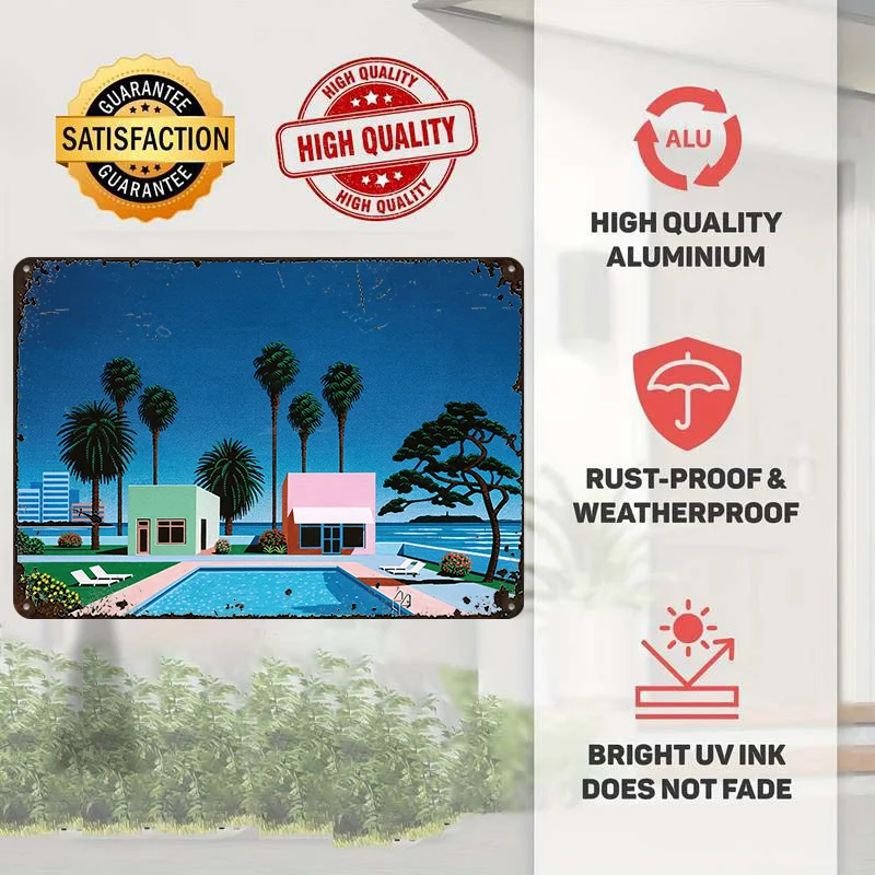 Hiroshi Nagai Retro Poolside Paradise Metal Poster Customized Wall Art Retro Vintage Tinplate Signs for Decoration Home House