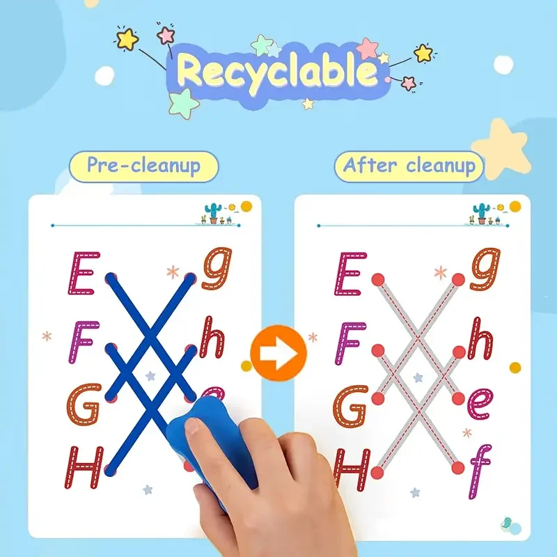 Cuaderno de ejercicios de escritura de 48 páginas: libro de actividades de práctica de seguimiento y control de bolígrafo interactivo con páginas limpiables, duradero para edades de 3 a 8 años