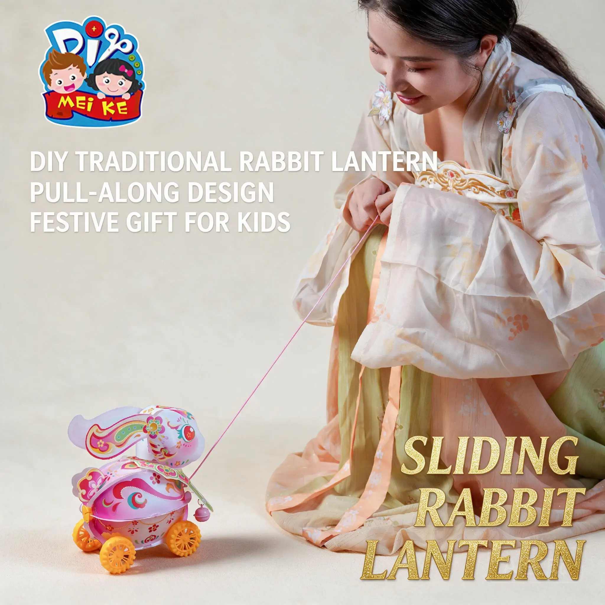 Diy Pull Along Rabbit Lantern Craft Kit For Kids Mid Autumn Festival Handmade Wheeled Pull String Bunny Lantern For Photo Props
