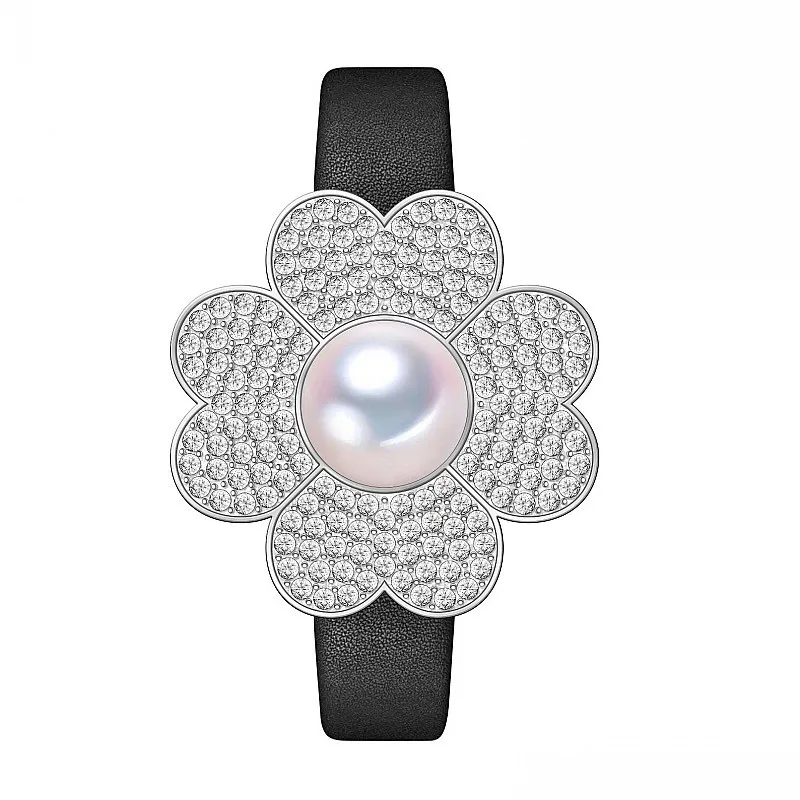 New Floral Sliding Rotating Quartz Watch for Women with Diamond Pearl and Light Luxury Leather Strap