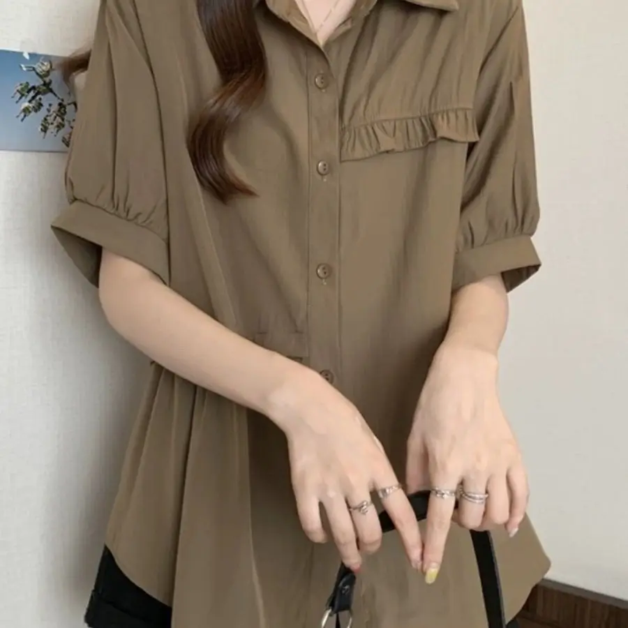 

Summer Office Lady Simplicity Elegant Trend Sexy Buttons Single Breasted Solid Color Short Sleeve Comfortable Leisure Bright