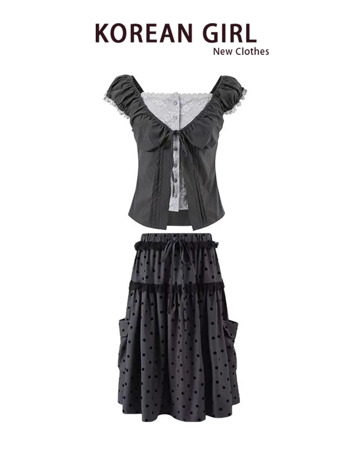 

Summer Floral Short Sleeve Shirt And Polka Dot Skirt Set for Young Girls Casual High Waist Midi Skirt Two Piece Outfit