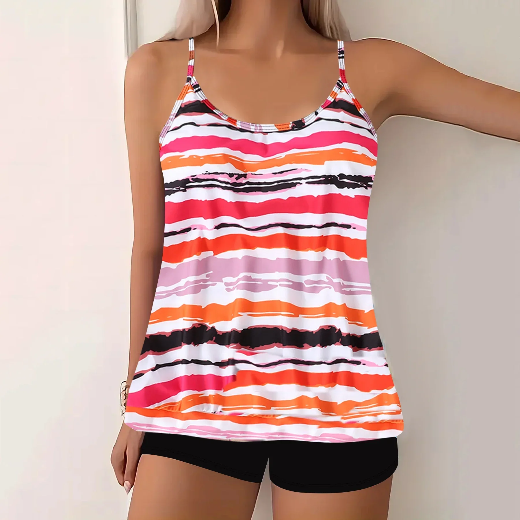 

Summer New Fashionable Casual Women's Rainbow Horizontal Stripe Printed Cross Shoulder Swimsuit Two-piece Set S-6XL