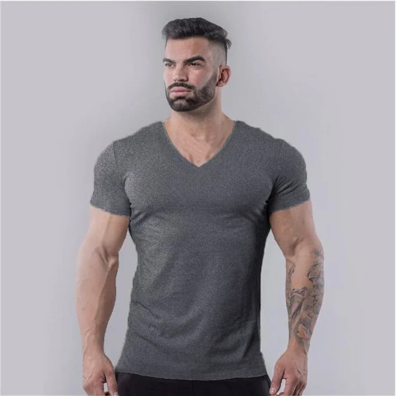 Plain Cotton Gym T-shirt Men Summer Fitness Clothing V-Neck Short Sleeve T Shirt Slim Fit Tshirt Bodybuilding Workout Tees Tops