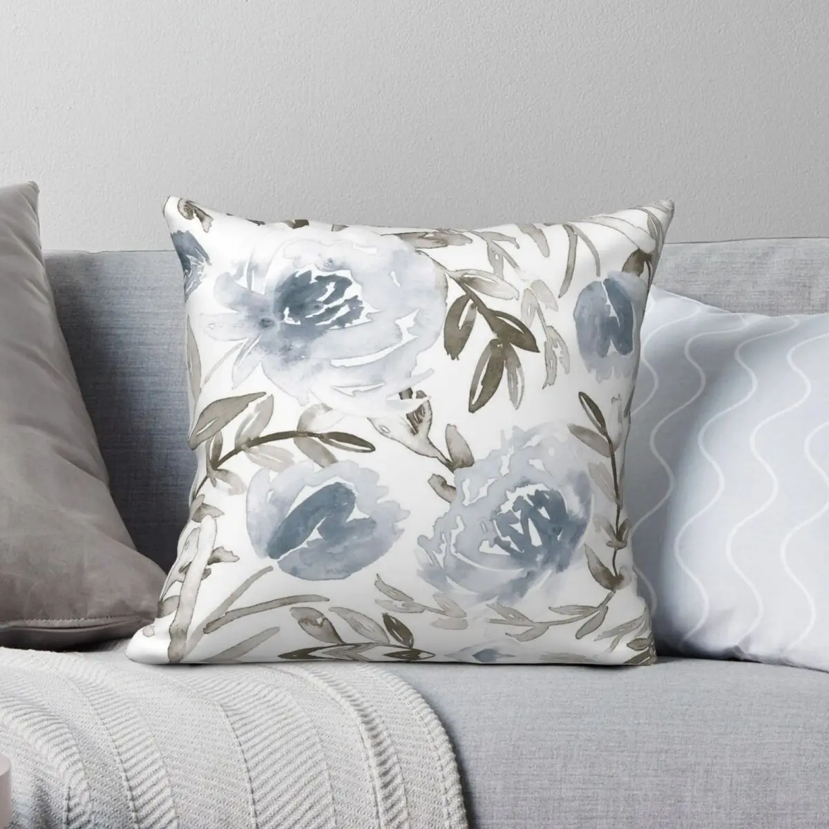 Loose Florals In Dusty Blue Taupe Pillowcase Polyester Linen Velvet Pattern Zip Decor Room Cushion Cover 45x45