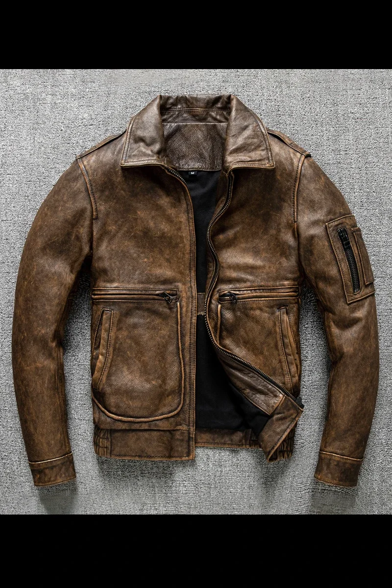 First Layer Pure Cattlehide Genuine Leather Clothes Men\'s Short Distressed Motorcycle Clothing Leather Jacket Leather Coat Men