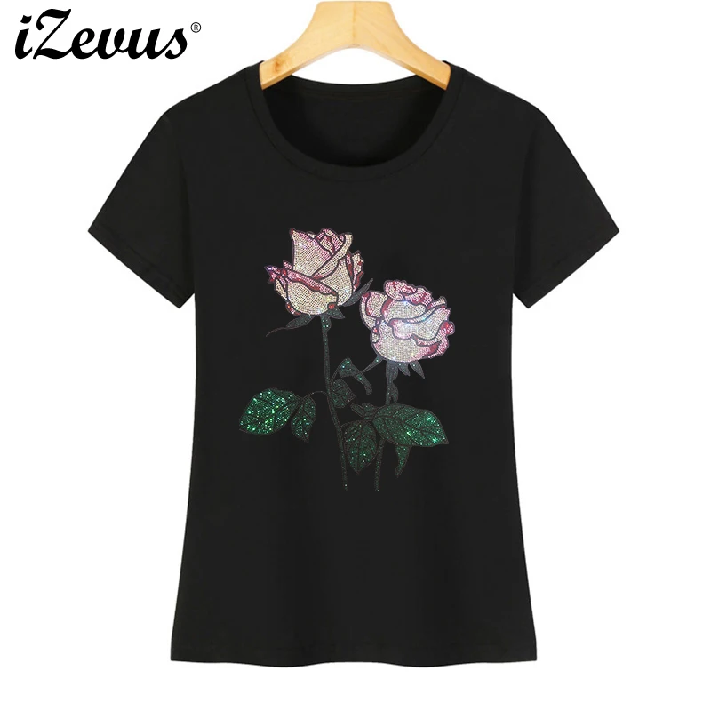 Pretty pink roses hot diamond T-shirt ladies summer short-sleeved casual bottoming cotton T-shirt comfortable and soft