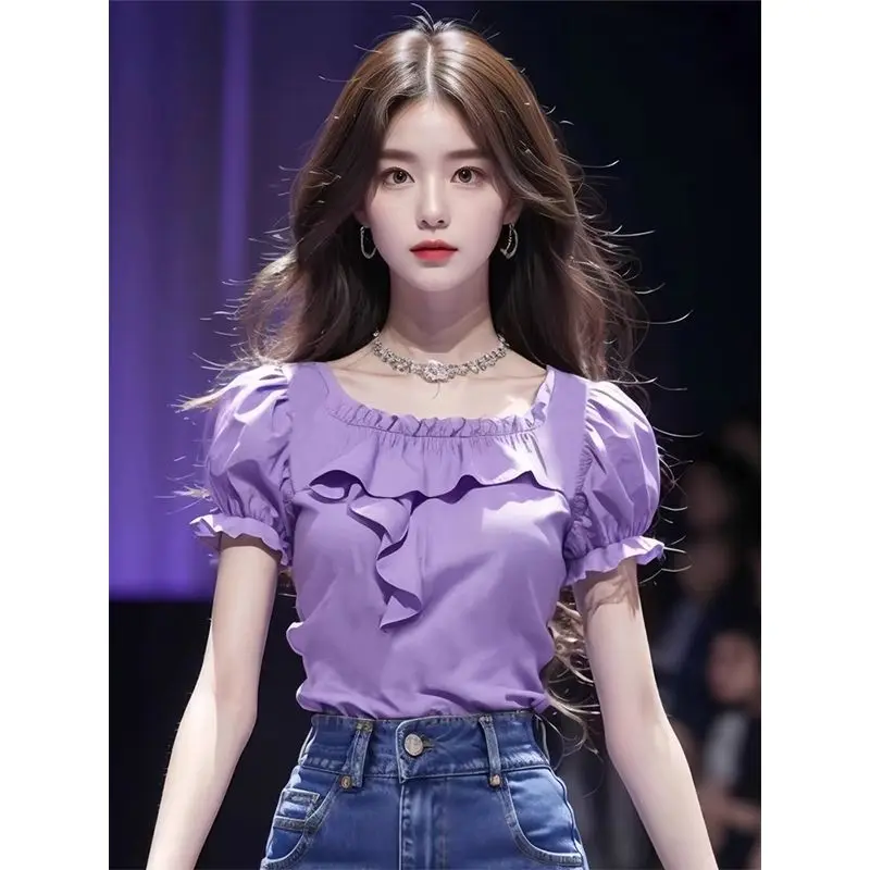 

2025 summer new purple ruffled short-sleeved shirt dressing for women
