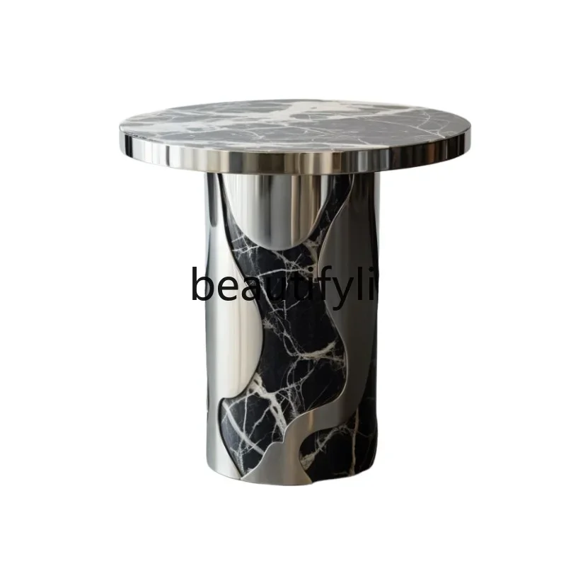 

Italian light luxury sofa next to the marble small coffee table modern simple small apartment movable stainless steel edge table