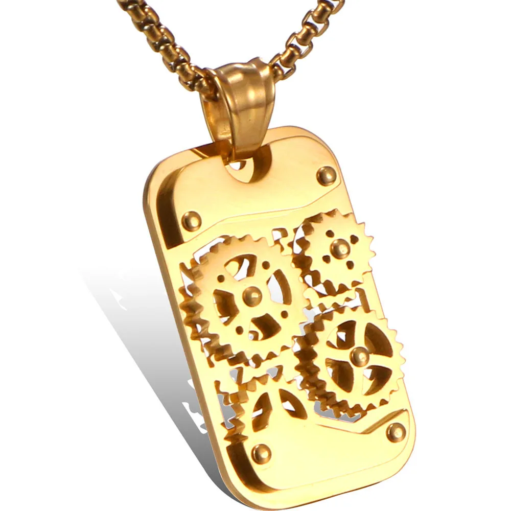 Anztilam 316L Stainless Steel Gear Tag Pendant No Fade with Long Link Chain Necklaces for Women Men Punk Hip Hop Jewelry