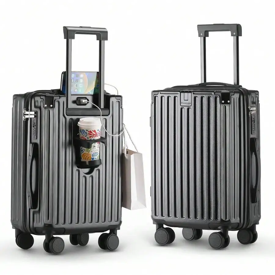 20 Inch Carry On Luggage With Cup Holder & USB Port, Airline Approved TSA-Locked Luggage, Lightweight PC Material Travel Suitcase With 360° Spinner Wheel  Luggage Case Trolley Suitcase Spinner Suitcase Travel Luggage Hardshell Suitcase Suitcase