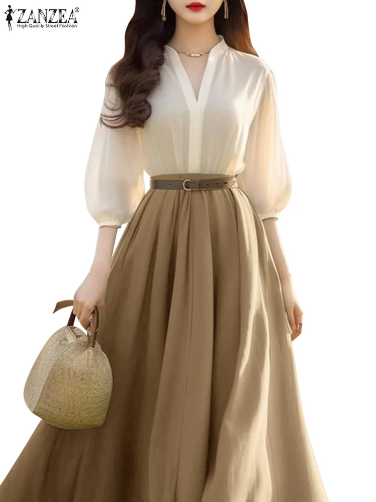 ZANZEA Vrouwen A-lijn Kantoor Dame Vestidos Casual Zomerjurk 2025, Lente Lantaarn Half Mouw Jurken Elegante V-hals Party Gewaden