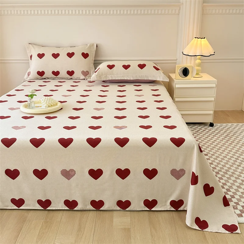 Love Hearts Flat Sheet with 2 Pillowcases Bed Linens Sheet Set 100% Cotton Romantic Love Print Bed Cover Queen/King for Adults