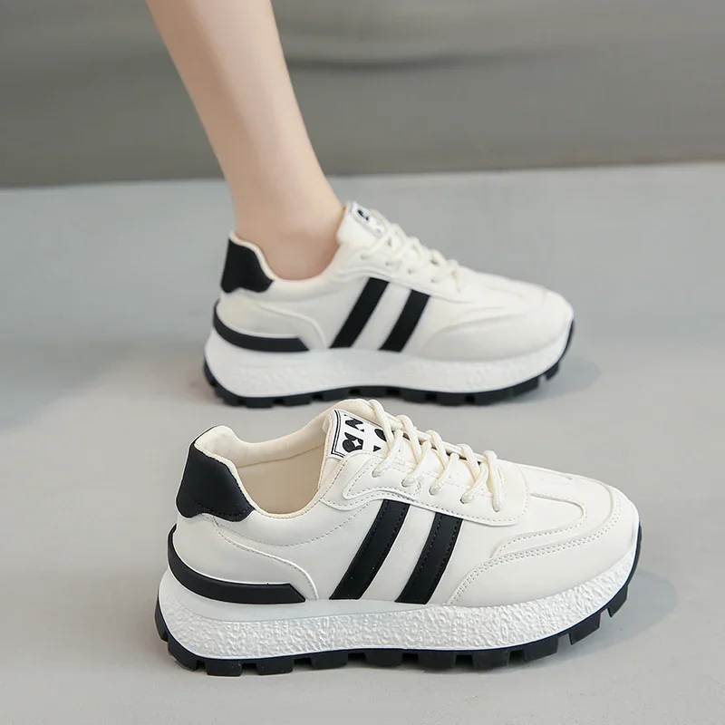 

New White Black Women Thick Sole Board Shoes Front Lace Up White Casual Sports Shoes Flats Sneakers Vulcanize Shoes Plus Size 43