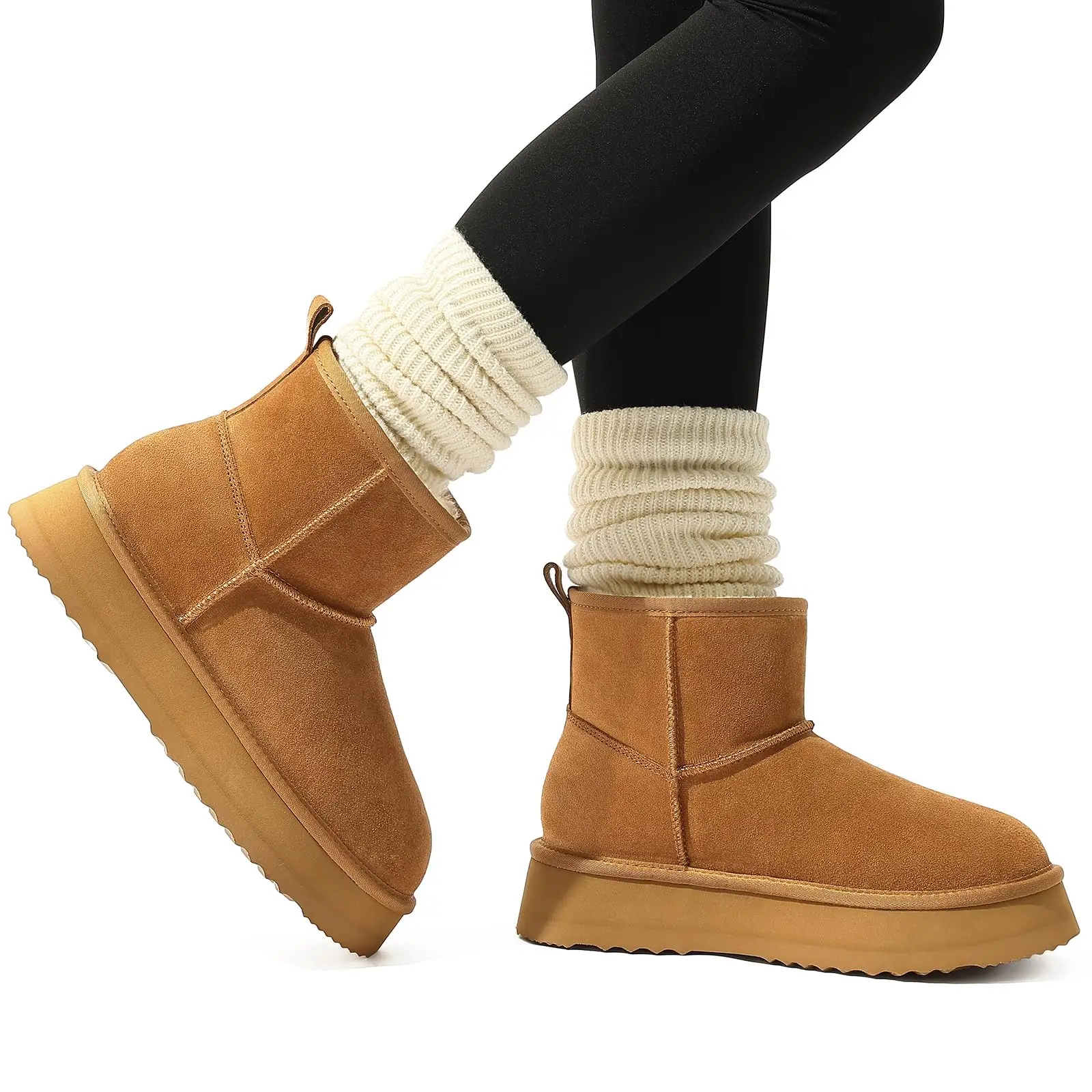 Botas de nieve peludas con plataforma Litfun para mujer, Mini botas tobilleras de ante auténtico para invierno, botas para exteriores con forro de piel, botas cálidas y esponjosas para mujer