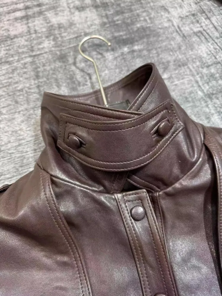 Fashion Echtes Leder Frauen Jacke Einreiher Epaulet Gürtel Retro Motorrad Oberbekleidung Echt Schaffell Mid Lange Party Mantel