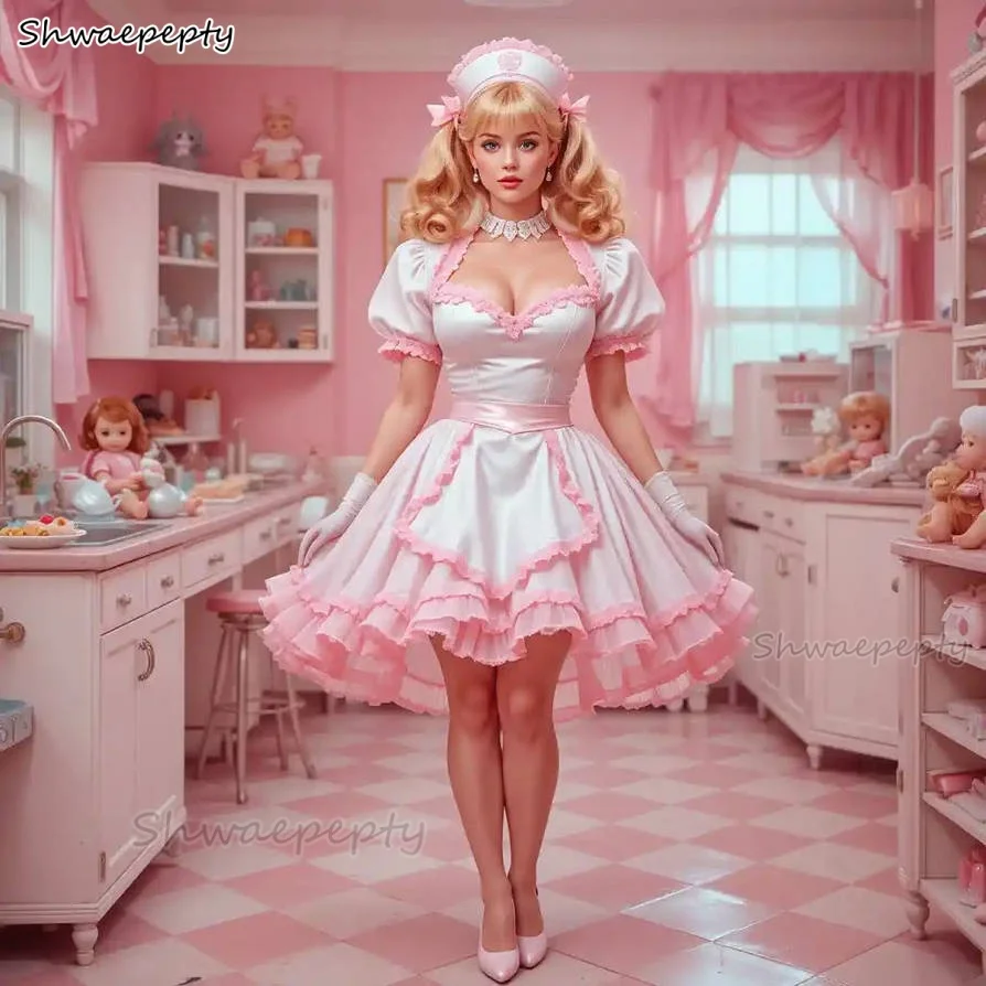 ショートコスプレパーティードレス白とピンクのAラインショートメイドプロムドレス恋人ネックラインパフスリーブ甘い衣装カスタマイズ