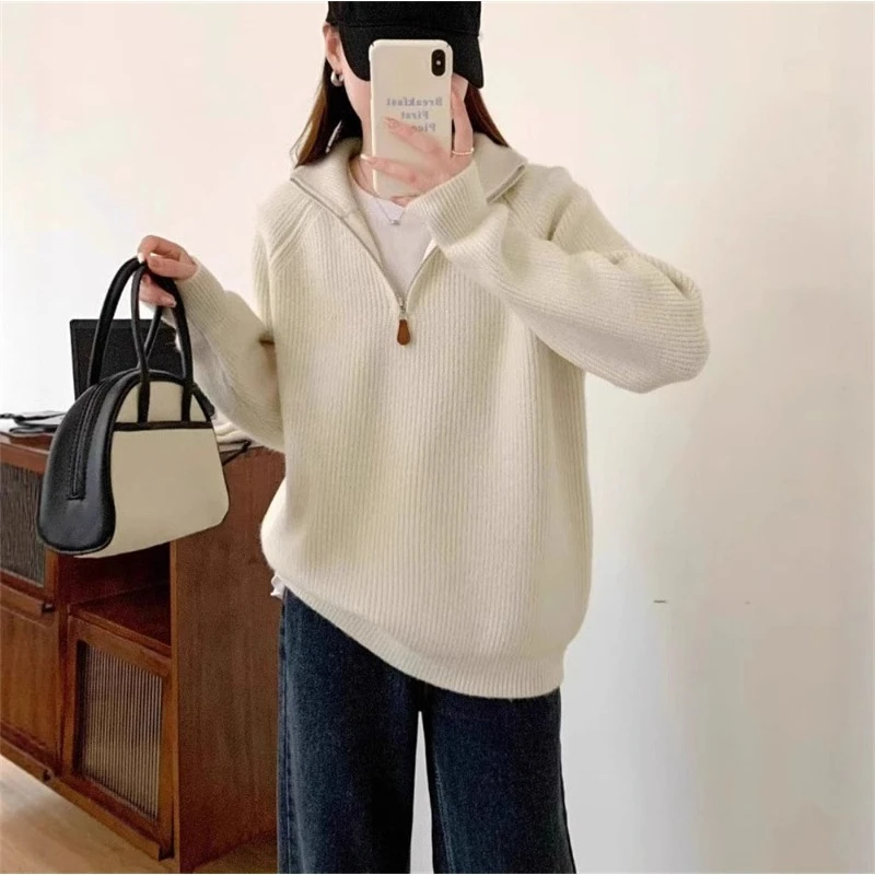 

Half Zipper Pullover Knitted Sweater Autumn Winter New Age-reducing Design Sense Loose and Thin Lapel Lazy Sweater Women's Top