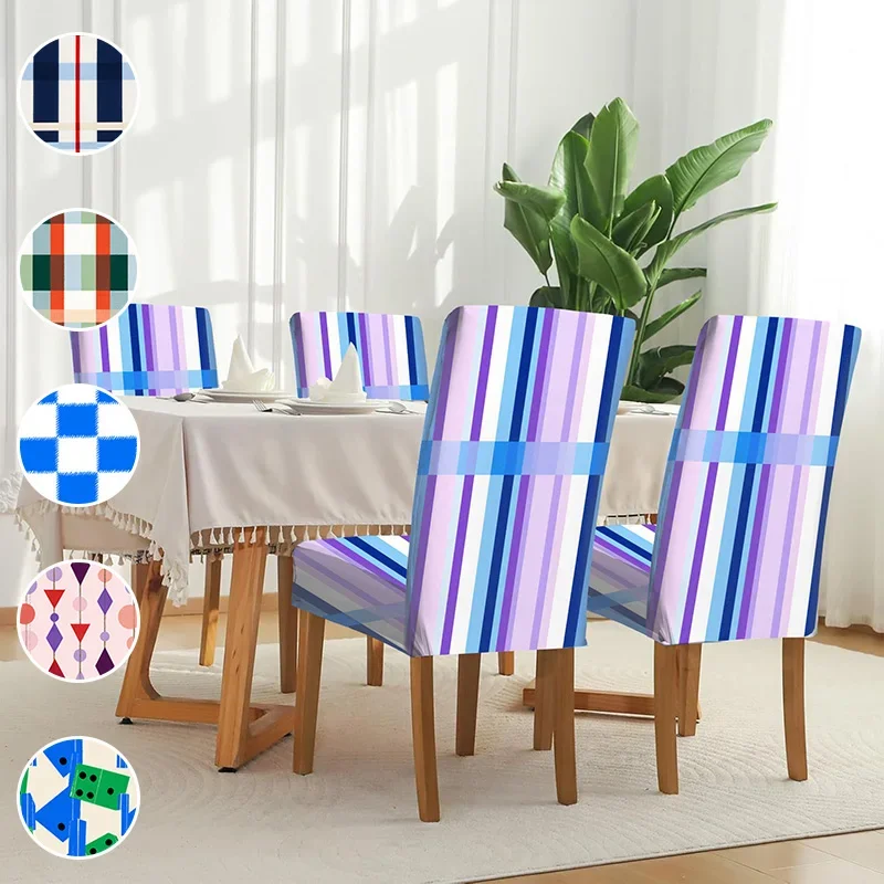High-elastic printed dining chair cover with striped checked geometric pattern for household dining tables and chairs