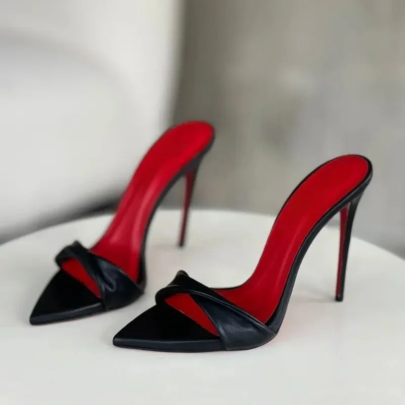 

Crossed Pointy Toe High Heel Mules Shoes Matte Patent Leather Slip On Female Fashion Runway Shoes Black Red White Plus size 45