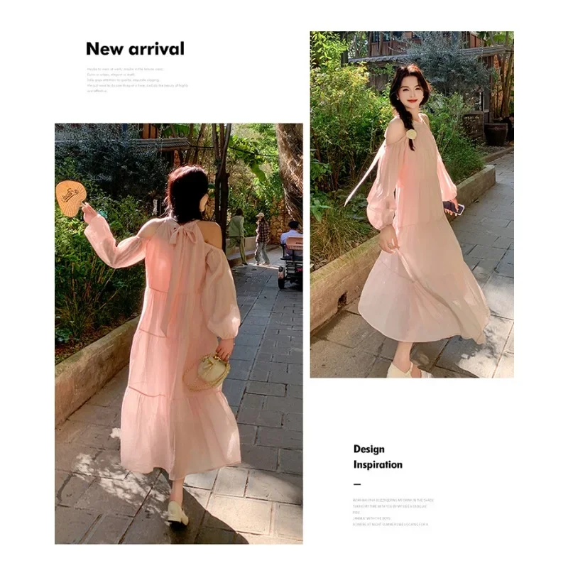 Plus Size Lolita Halter Pink Dress Women 2024 Long Sleeves Vacation Summer Robe Graceful Socialite Loose Long Blue Clothes New