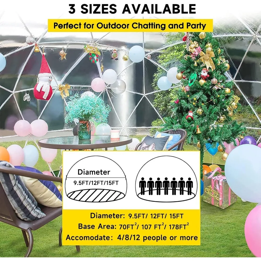 12FT Greenhouse with PVC Cover and 2 * 10m Light Strings, Weatherproof Bubble Tent Outdoor,  Clear Igloo Dome House, Hothouse