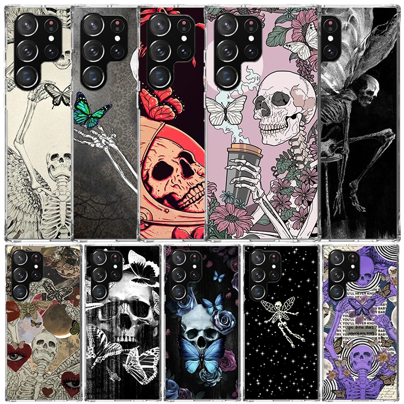 Retro Skull Butterfly Phone Case For Samsung Galaxy S24 S25 Edge S26 Ultra S22 S23 Plus S21 + S20 FE Soft TPU Back Cover Galaxy
