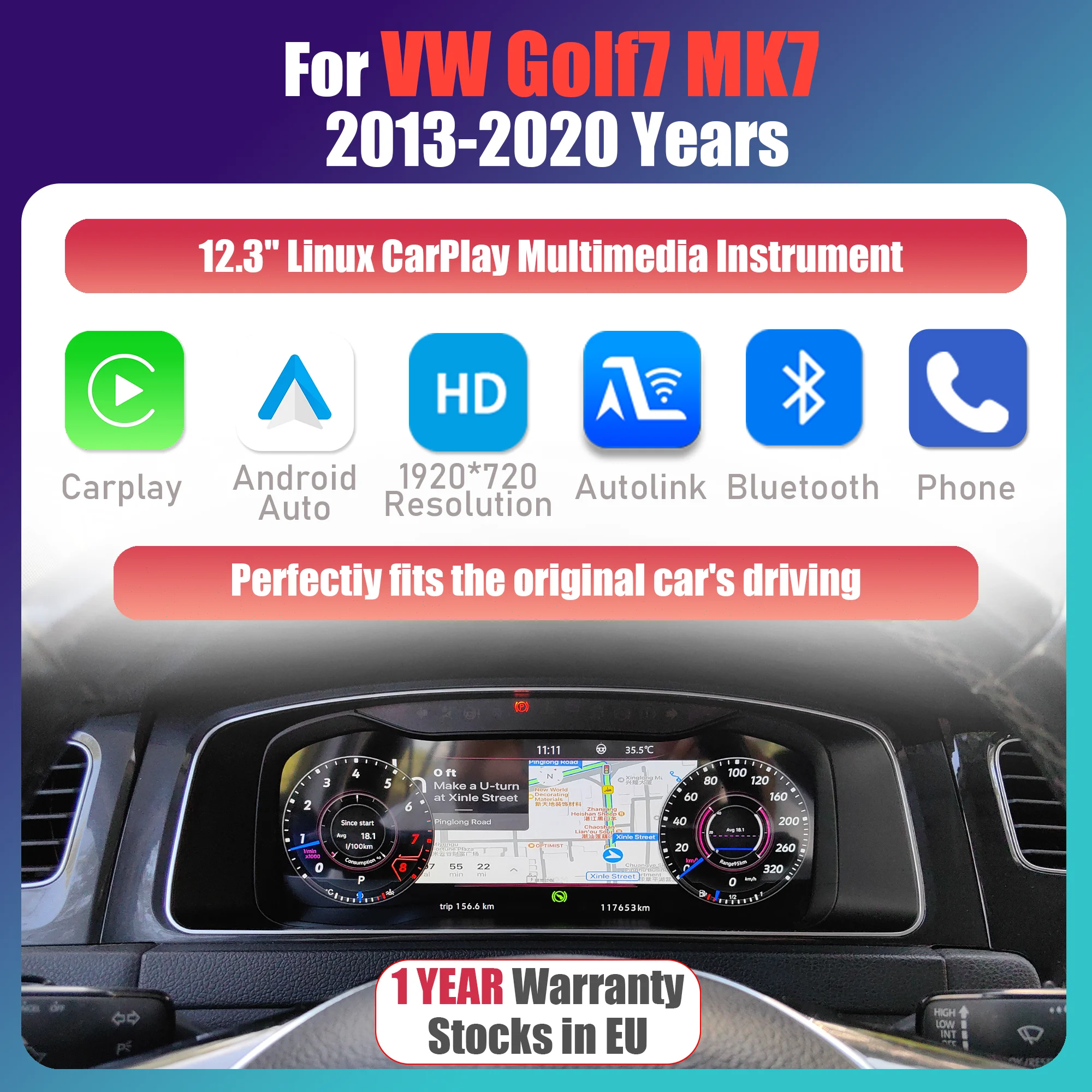 12,3” inch Linux LCD digitaal dashboard voor VW Golf 7 7.5 R-Line GTI GTE R MK7 2013-2020 Cluster Draadloze Carplay Android Auto Instrumentenpaneel Virtuele Cockpit