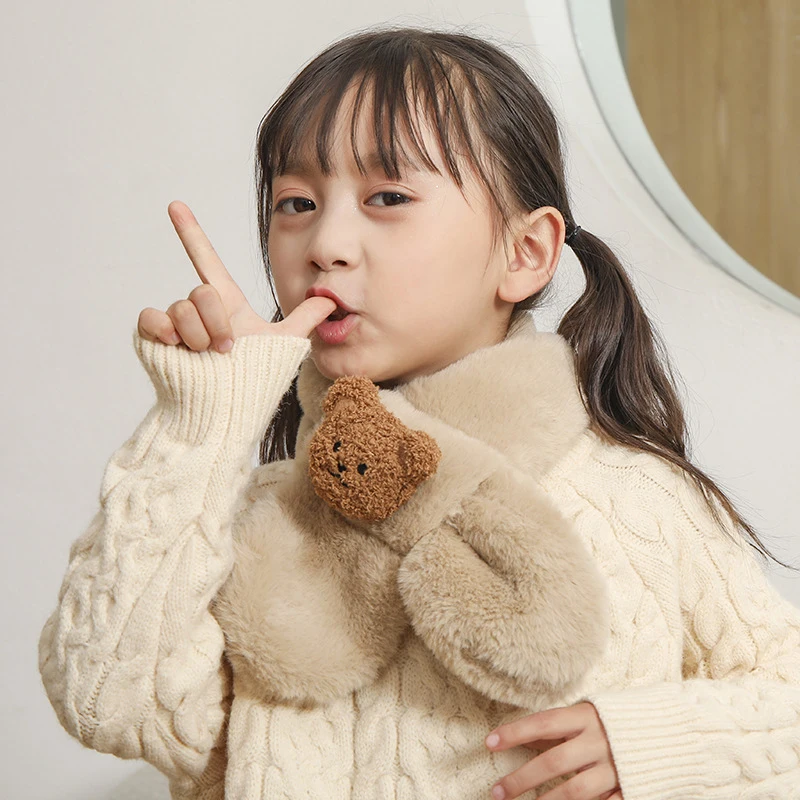 Winter Children Plush Scarf Cartoon Bear Kids Cross Scarves Soft Imitation Rabbit Fur Neckerchief 1-12year Boys Girls Neck Warm
