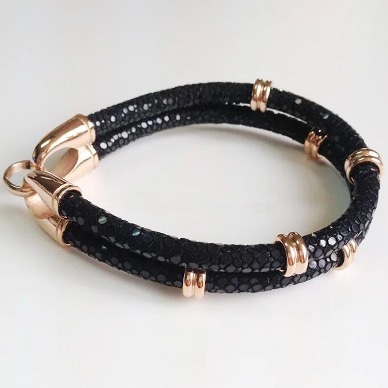ER Custom  Stainless Steel Bracelet Accessory Wrist Jewelry Two Layer Silver Round with Stingray Leather