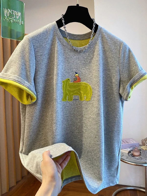 

plus Size Women's T-Shirt Short Sleeve Embroidered Loose Fit Summer Top Casual Style Polyester Fiber round Neck Basic Style