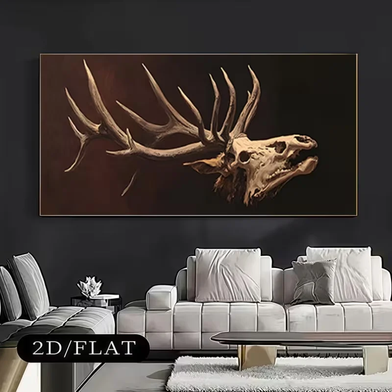 2D Flat, 2D Flat, A Lifelike Deer Skull Design with Exaggerated And Dynamic Antlers, This 2D/FLAT Unframed Canvas Artwork Measur