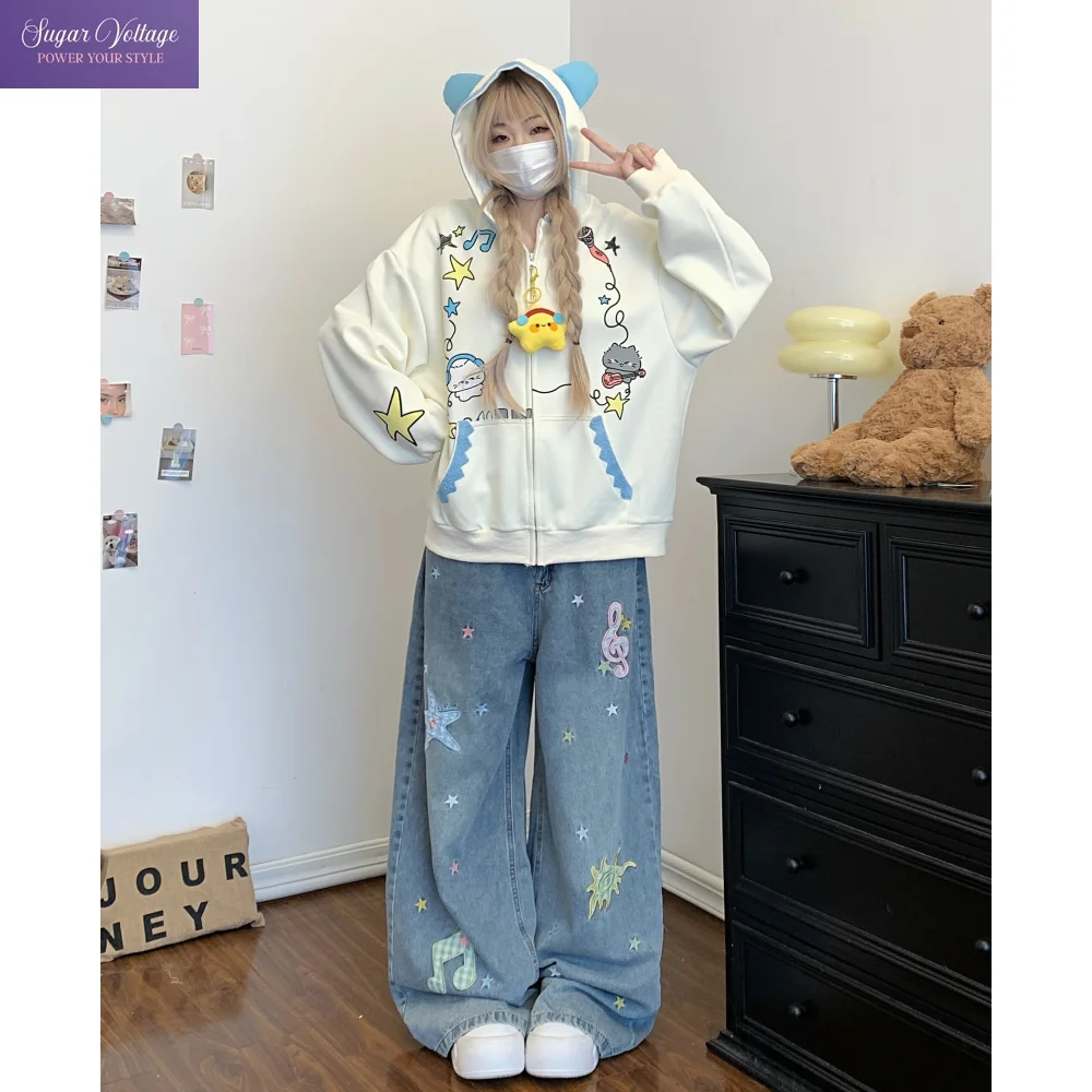 Autumn Cute Cartoon Graphic Zip Up Hoodie Women Star Music Note Print 3D Decor Loose Fit Sweatshirt Casual Streetwear Outfit New