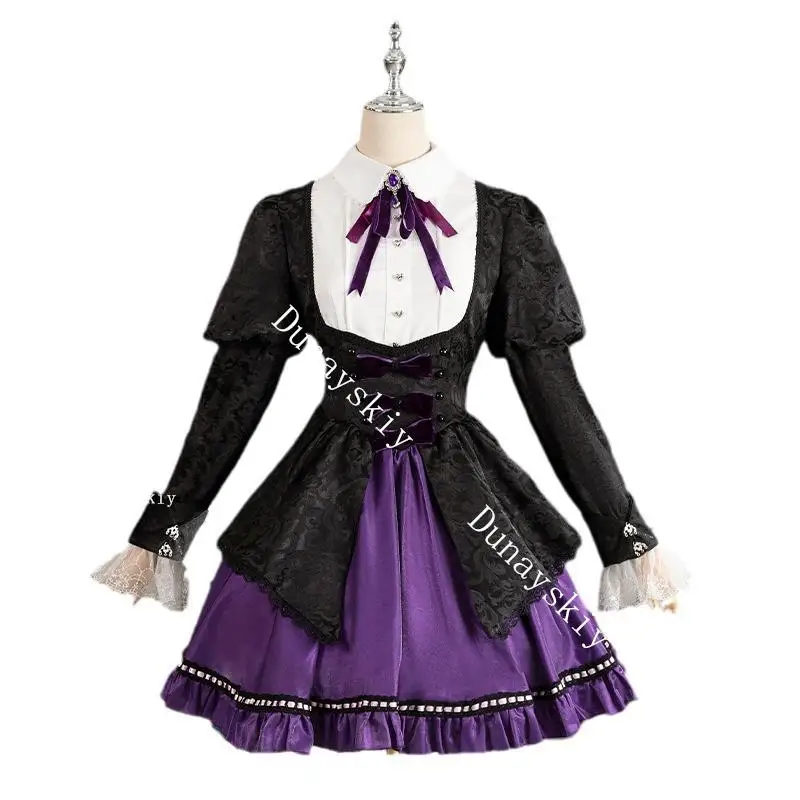 Culotte et bas Anime avec porte-jarretelles, robe Lolita violette, costume de cosplay, vêtements de jeu à plis, fête d'Halloween