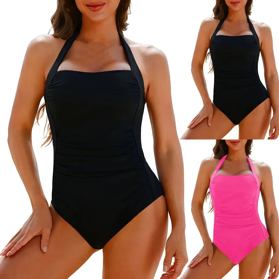 Women Halter 1 Piece Swimsuit Lady Girls Pleated Athletic Swimwear Costume Swimwear With Bra Support Bikini For Women