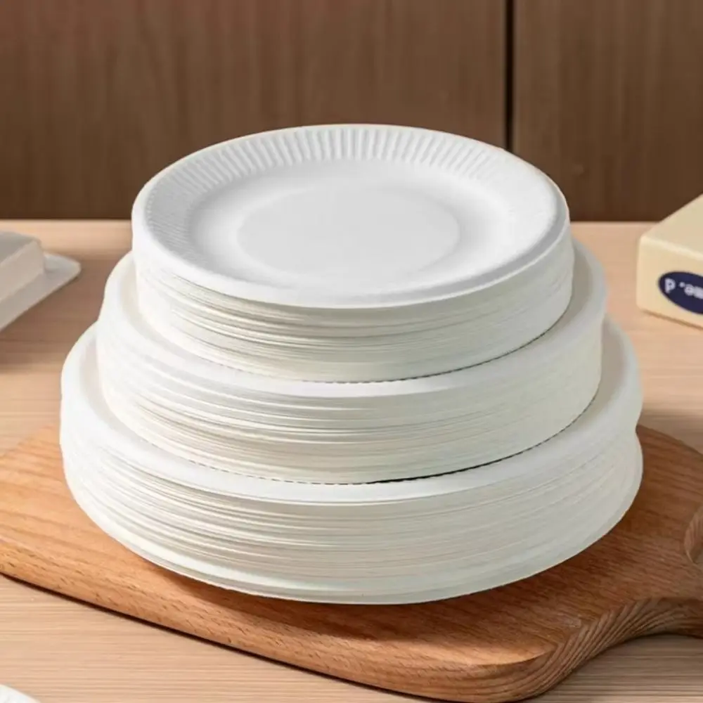 50Pcs Heat Resistant Disposable Paper Plates Round Eco-Friendly Pulp Lunch Boxes Degradable White Disposable Tableware Picnic