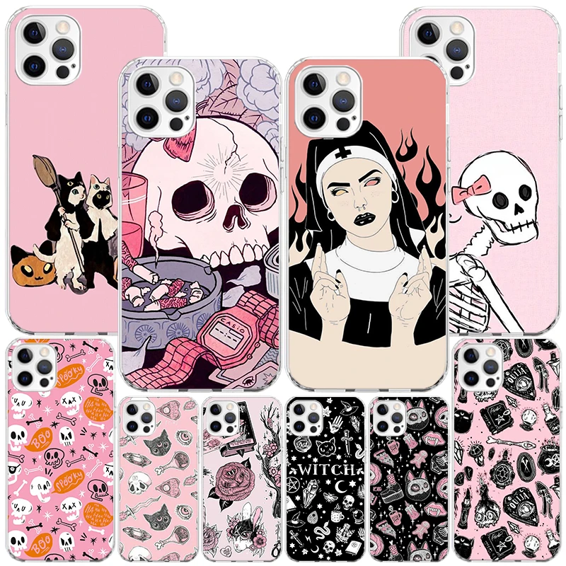 Pink Cat Skull Sorceress Witch Phone Case For iPhone 16 Pro Max 15 + 14 Plus 11 12 13 Mini Xs X XR 7 8 SE Personalized Gift Prin