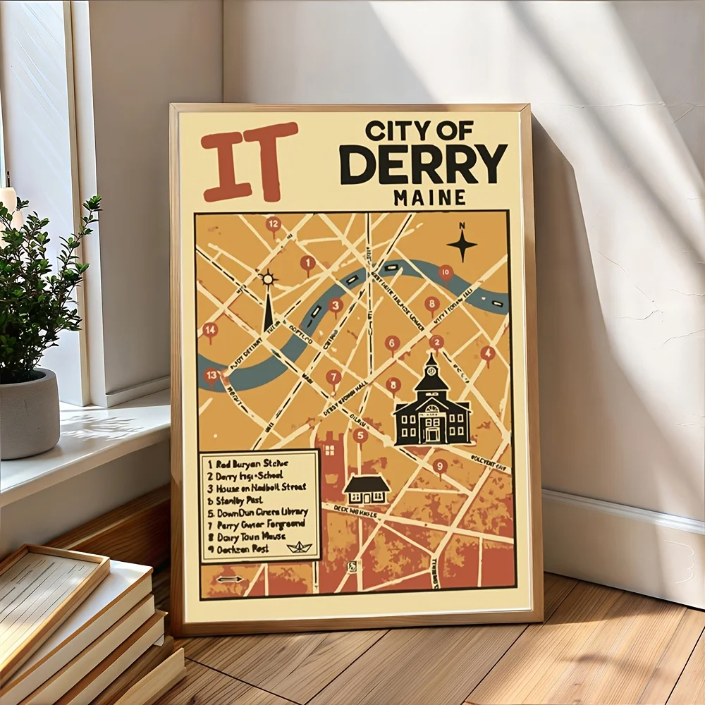 2D Flat, 2D Flat, 1pc, Frameless, IT, Delhi City Map, Poster, Stephen King, Horror Novel Cover, Pennywise The Clown, Retro, N