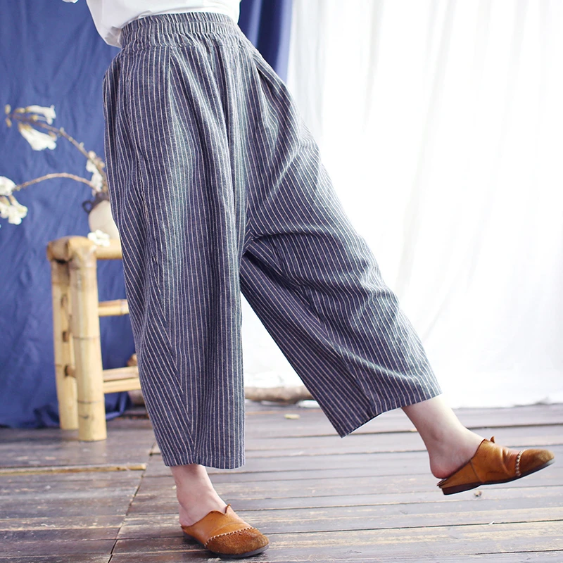 Damskie bawełniane lniane spodnie na co dzień New Arrival 2025 lato w stylu Vintage w paski luźne kobiece spodnie haremowe do kostek M1389