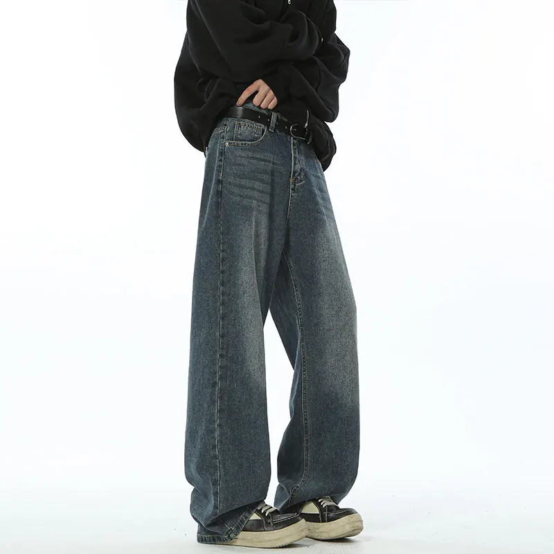 

Waed mid Blue Straight Leg Jeans Men's Autumn Winter American Retro Trendy Loose Wide Leg Casual Trousers