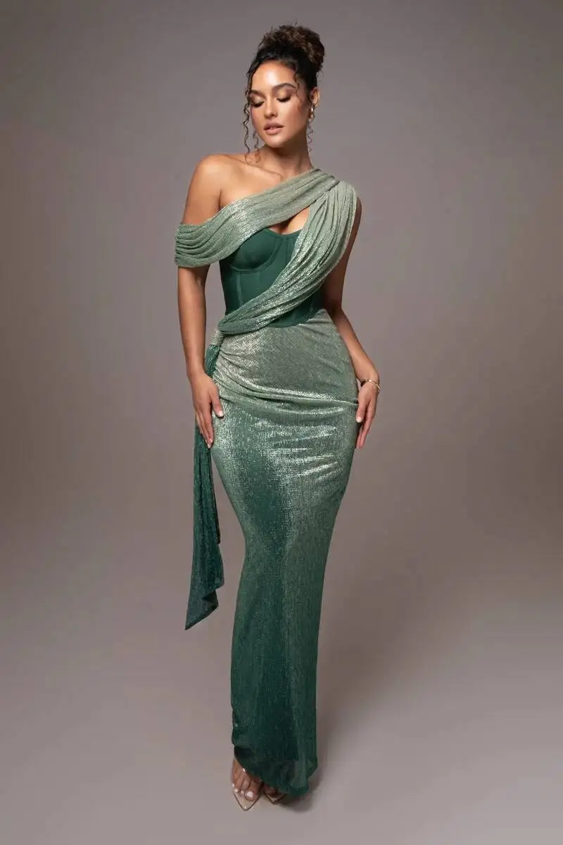 

Women's One Shoulder Draped Bodycon Maxi Dresses, Sleeveless Corset, Sparkly Backless Dress, Celebrity Evening Party Gowns, Sexy