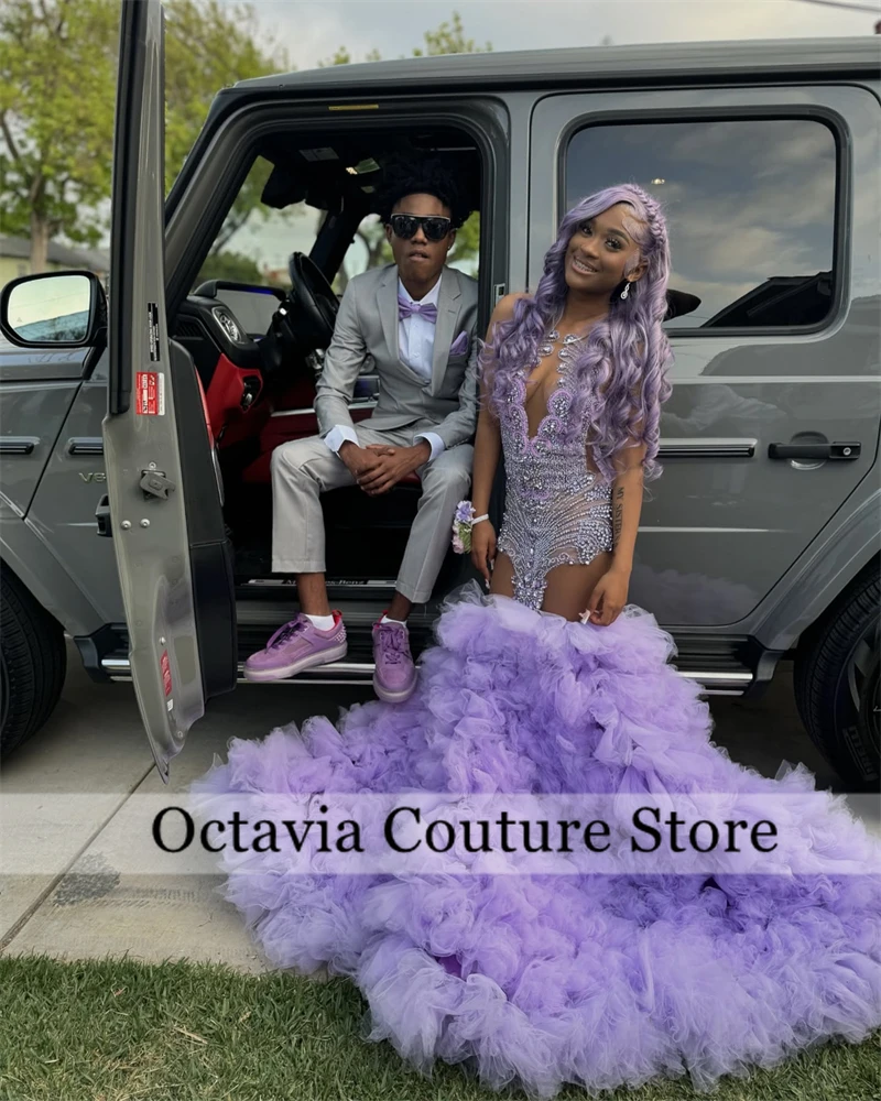 

Customized Sparkly Lilac Lavender Prom Party Dress for Black Girl Luxury Diamond Ruffles Evening Gala Gown Robe De Bal