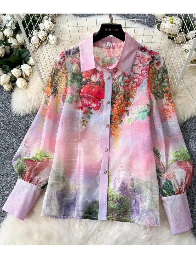 Spring Autumn Gorgeous Flower 2 Pieces Sets Women's Gradient Shirt Top + Elastic Waist Long Skirts Suit Holiday Organza Outfits