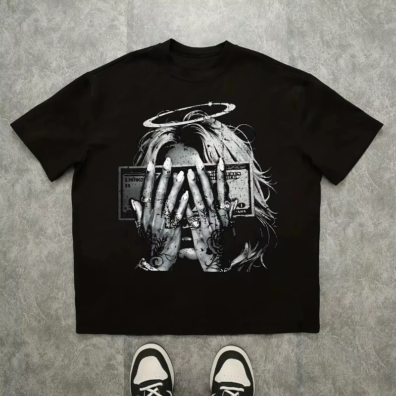 

Американская Y2K черная свободная уличная стильная летняя новая ретро-модная мужская и женская повседневная спортивная удобная футболка с короткими рукавами