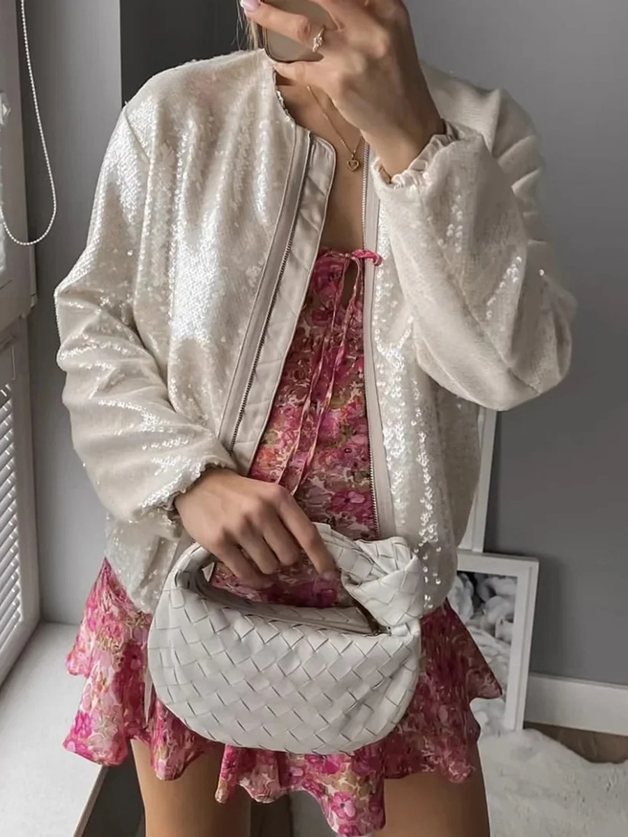 

2024 Winter New Women's Solid Round Neck Long Sleeve Zipper Jacket Fashion Sequin Beaded Coats Casual Warm Loose Sparkle Coats